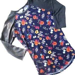 LulaRoe Women's XXS Randy Navy Grey Butterflies Flower 3/4 Reglan Sleeve Top
